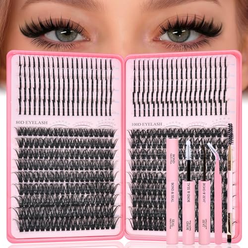 Lash Clusters Kit with Spikes, 80D+100D Eyelash Clusters Extensions Individual D Curl Fluffy Wispy False Eyelashes DlY Manga Lashes Extension Kit (12-22mm, Lash Clusters Kit)