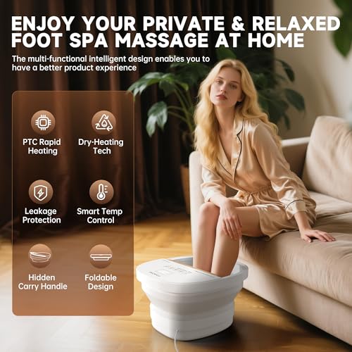 Collapasible Foot Spa Bath Massager with Heat, Pedicure Foot Spa with Bubbles and Jets/Timer/Temperature Control, Feet Soak Tub for Home, Office, Relaxation and Stress Relief (White)