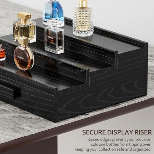 Walnut Cologne Organizer for Men,3 Tier Cologne Stand,Wooden Cologne Holder Display Shelf with Drawer Storage and Hidden Compartment,Perfume Stand Organizer,Gift for Men Dad Husband,Black