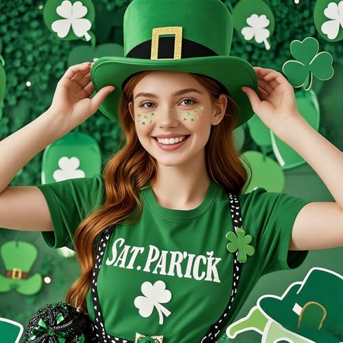 Green Leaves Glitter Freckles Temporary Tattoos for Women Green Shamrock Tattoos for Face for Saint Patrick's Day Outfit St Patricks Day Face Stickers - 6 Pack