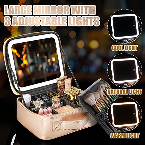 Makeup Travel Train Case with Mirror LED Light 3 Adjustable Brightness Large Cosmetic Bag Portable Storage Adjustable Partition Waterproof Make up Brushes Makeup Jewelry Gift for Women