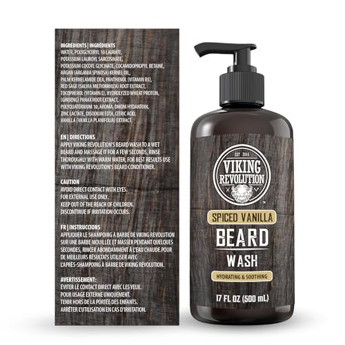 Viking Revolution Spiced Vanilla Beard Wash for Men with Argan Oil and Jojoba Oil - Beard Softener and Strengthener Beard Shampoo with Beard Oil - Beard Care to avoid Beard Dandruff and Itch (17 oz)