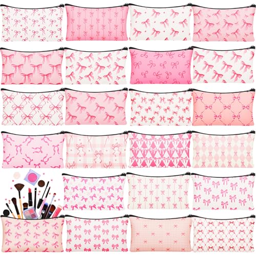 24 Pieces Funny Cosmetic Bags Bulk Make up Bags Zipper Canvas Purse Organizer Pouch Portable Travel Toiletry Pouch for Women Inspirational Gifts, 7 x 4 Inch(Bow)