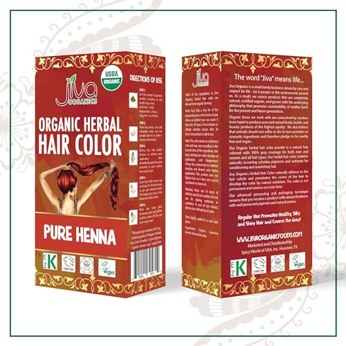 Jiva Organic Henna Powder For Hair - 100% Pure, Certified Organic Natural Hair Colorant - NO Chemicals, Kosher, Vegan, Cruelty Free