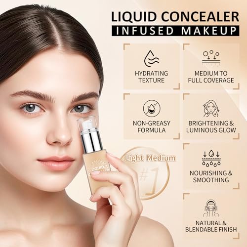 AWCCXMYM Liquid Concealer & Foundation Longwear Full Coverage Concealer Hydrating Conceals & Brightens Creamy Texture Foundation Makeup Natural Flawless Face Makeup Under Eye Concealer #Light Medium