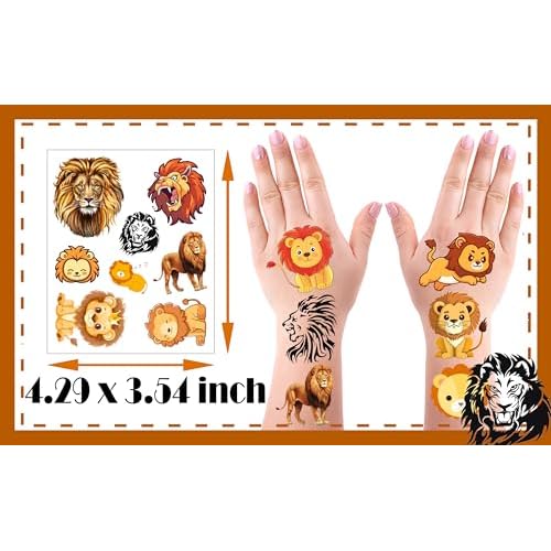 176PCS Lion Tattoos Temporary Stickers Cute Animal Halloween Safari Jungle Birthday Party Supplies Decoration Favors Goodie Bag Stuffers Tattoo