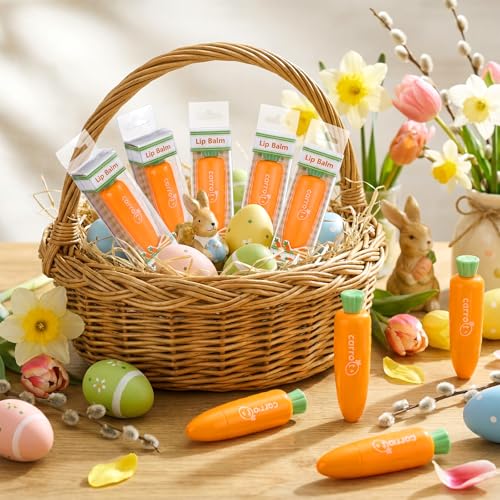 24 Pcs Easter Beauty Gifts Bulk Carrot Lip Balm Bulk Moisturizing Nourishing Lip Care Easter Basket Stuffers Goodie Bag Fillers Spring Gift Ideas for Women Adults (Red Velvet Carrot Cake)