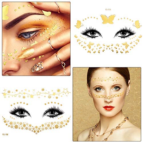Zonon 20 Sheets Gold Glitter Freckles Face Tattoo Sparkle Face Makeup Patches Metallic Face Tattoo Sticker Temporary Transfer Tattoo Parties Decor for Halloween Christmas Women Makeup Dancer Costume