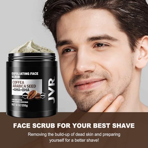 Face Scrub for Men 9 oz and JVR Caffeine Eye Cream and Under Eye Roller Facial Scrub for Deep Exfoliating for Fine Lines