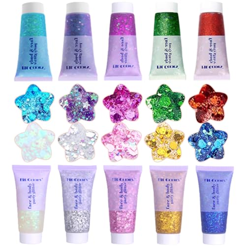 Face Body Glitter, Hair Glitter Sparkles Chunky Face Glitter Gel for Girls Makeup Singer Concerts Mermaid Festival Sequins, 10 Colors(White+Silver+Gold+Pink+Blue+Purple+Red+Light Blue+Green+Rose)