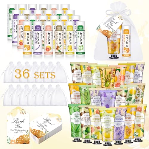 36 Pack Hand Cream Bulk and Lip Balm Bulk Sets, Easter Basket Stuffers, Thank You Gifts and Birthday Gifts with Thank You Card Organza Bags, Mothers Day Gifts, Teacher Gifts, Nurse Gifts
