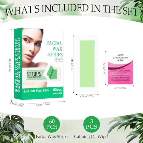 Facial Wax Strips for Hair Removal, Wax Strips for Face, 60PCS Hair Removal Waxing + 3 Calming Oil Wipe, Upper Lip, Chin, Eyebrow, Armpit, Bikini Line, Face Waxing Kit for Women, Long-Lasting Results