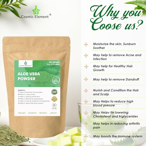 Cosmic Element Organic Aloe Vera Powder - 100% Pure Leaf Gel | Hydrating After Sun Care, Moisturizing for Face, Body & Skin | Ideal for Sun Burn, Acne, and Dry Skin - Aloe Vera Powder for Hair - 4 oz