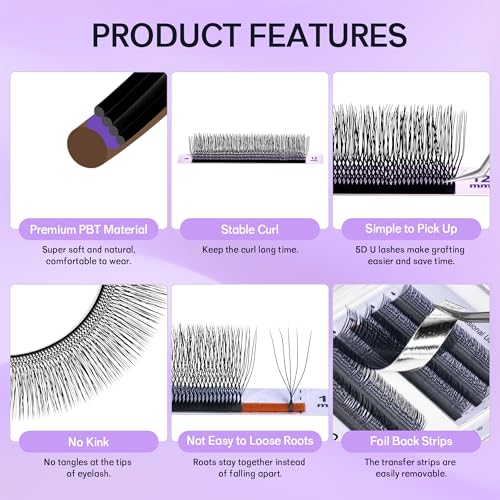 5D U Shape Lash Extensions Easy Fan Russian Volume U Eyelash C/D Curl 0.07mm Natural U Shaped 12 Rows Premade Eye Lashes Supply(Black,0.07C,8-14mm)