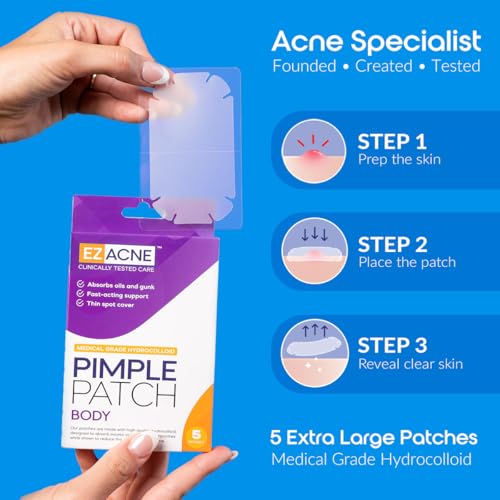 EZACNE¢â Extra Large Pimple Patches for Body ? Large Hydrocolloid Acne Patches for Back, Face, Forehead, Chin, Neck, Shoulders ? Big Zit Patch for Breakouts (5 Count)