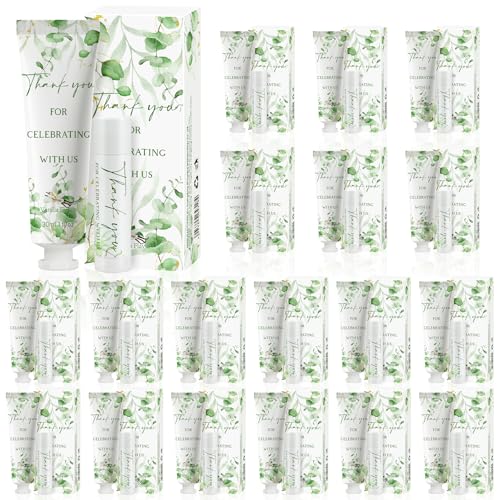 50 Sets Moisturizing Hand Cream Lip Balm Gift Kit for Wedding Return Thank You Welcome Gifts Sage Green Eucalyptus Leaf Theme Baby Shower Birthday Gifts Party Favors Games Prizes Winter Wedding Guests