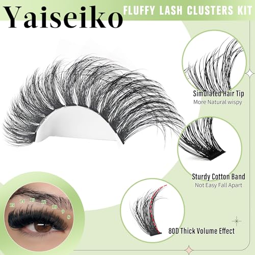 Fluffy Lash Clusters Kit 80P Volume Lash Extension Kit Individual Left/Right Cluster Eyelash Extension Kit D Curl Thick Left/Right Lash Clusters Lash Bond and Seal and Lash Tweezers(7-18mm)