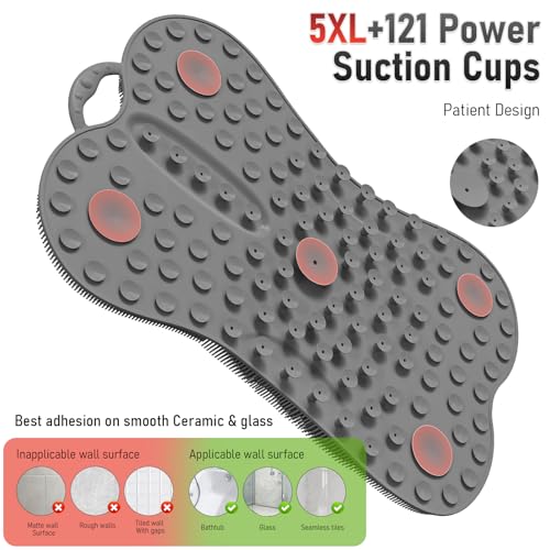 Shower Scrubber for Back & Body Wall Mounted Men Women, XL Large Scrubber Mat Exfoliating Bristles & Massage Brush - Long Wide Cover Bathtub Luxury Bath Cushion Back Support Pad Big Suction Cups Grey