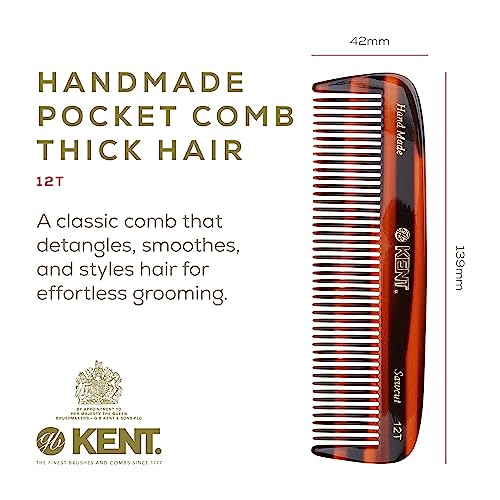 Kent 12T Wide Tooth Detangling Comb - Handmade Pocket Comb for Thick, Curly, and Wavy Hair, Large Tooth for Grooming Hair, Beard, and Mustache - Saw-Cut and Hand Polished