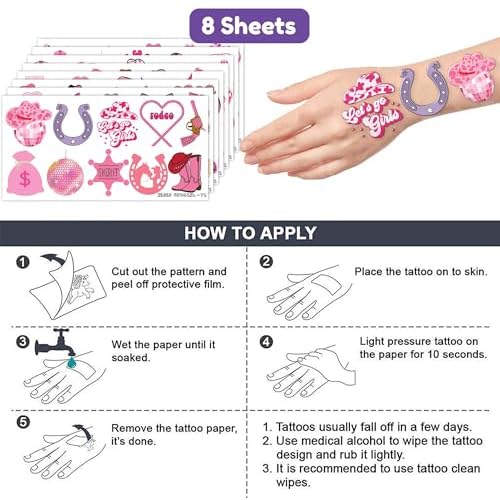 Cowgirl Temporary Tattoos Birthday Party Supplies Decorations 96PCS Tattoos Stickers Super Cute Party Favors Kids Boys Girls Gifts Ideas Classroom School Prizes Themed, Pink (Version 1)