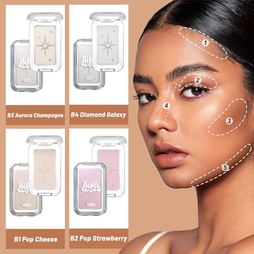 Highlighter Makeup Powder Palette£¬Glossy Face & Body£¬Shimmer Eye & Cheek Glow, Mini Beauty Bomb for Matte Cream & Glitter Essentials (B4 Diamond Galaxy)