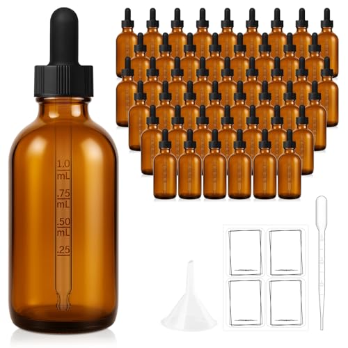 Bumobum 48 Pack, 2 oz Amber Glass Dropper Bottle with Measured Eye Dropper, 1 Funnel, 1 Pipette, 48 Labels, Tincture Bottle with Glass Eye Dropper - Leakproof Essential Oils Bottles