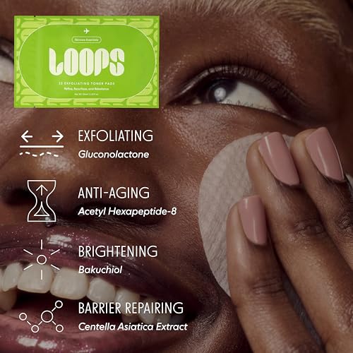 LOOPS Exfoliating Toner Korean Skincare - Refine, Resurface, and Rebalance Skin - Pre-soaked Veocell Embo Bamboo Pad - Vegan, Natural, Biodegradable Gentle Toner Pads for Face - Pack of 12
