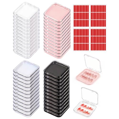 48 Pcs Nail Boxes for Press Ons, Fake Nail Storage Case Packaging Container with 120 Adhesive Double Sided Tape