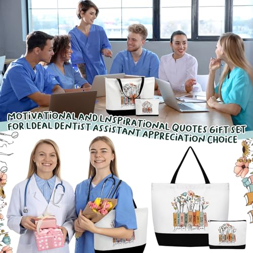 Hillban 5 Sets/10 Sets Dental Assistant Gifts Bulk Canvas Reusable Grocery Tote Bags Cosmetic Bags with Zipper for Women(5 Sets)