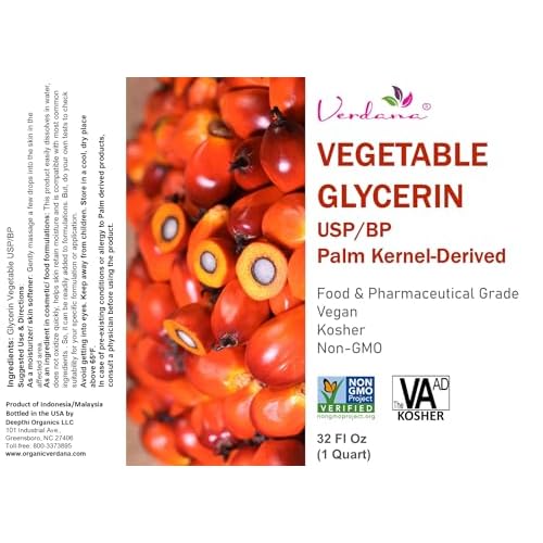 Verdana Vegetable Glycerin ? USP, Food, Cosmetic Grade - Palm-Derived, No Soy Involved ? Glycerine for Cosmetic & Personal Care and Skin, Hair & Other Formulations ? Non-GMO, Vegan ? 32 fl oz