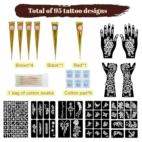 95 PCS Temporary Tattoos Stencils Kit,Temporary Tattoos Kit - 6 Pcs 3 Color(black*1,brown*4 & Red*1) Ink with 6 removal wipes,10 disposable cotton swabs DIY Body Art Painting for Women Men Adults