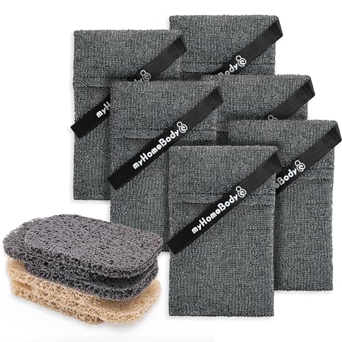 myHomeBody Soap Pocket Exfoliating Pouch, Body Scrubber Sponge, Exfoliator for Bath, Shower or Leftover Bits Saver, Graphite Gray, 6 Pack + 6 Lift Pads