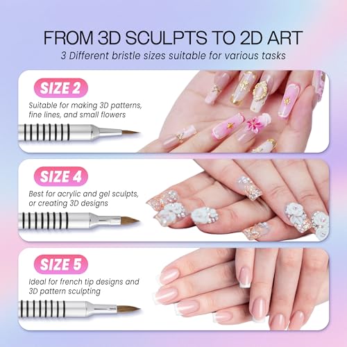PANA 3D Kolinsky Acrylic Nail Art Sculpture Brush with Silver Metal Non-Slip Grip Handle for Manicures 3D Nail Art Flower Designs (Size #5)