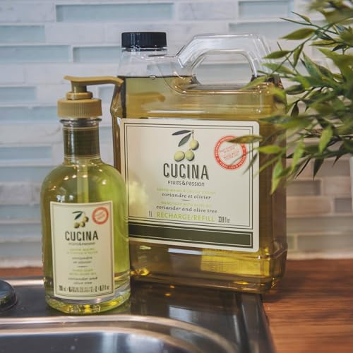 Cucina Fruits & Passion Coriander and Olive Tree Hand Soap Set, 6.7 fl oz Glass Bottle and 33.8 fl oz Refill, Made in Canada