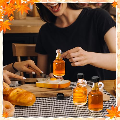 24 Packs 3.4 oz Glass Syrup Bottles with Handle and Black Lids, Mini Maple Syrup Bottles for Party & Wedding Favors Gifts, Honey, Coffee, Juice