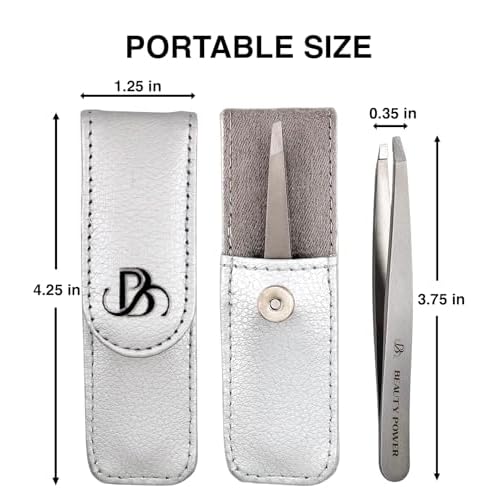 Professional Tweezers in Case - Slant, Durable Lightweight German Stainless Steel, Ultra Precision Tweezers for Eyebrows, Facial Hair, Chin, and Ingrown Hair Removal - Gift Idea - Gray