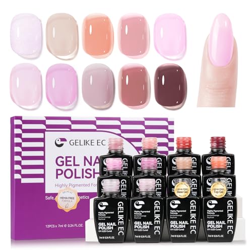 gelike ec Jelly Gel Polish Set: 10 Nail Gel Colors Kit with Base and Top Coat Hema Free and Safe Formula One Coat Coverage Smooth Easy to Use on Natural Nails Long Lasting for Young Women DIY at Home