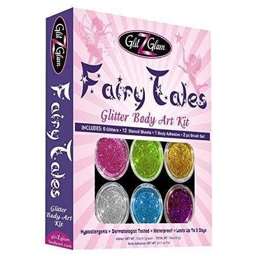 Fairy Tales Glitter Tattoo Kit with 6 Large Glitters & 12 Amazing Stencils - HYPOALLERGENIC and DERMATOLOGIST TESTED! -Temporary Tattoos & Body Art