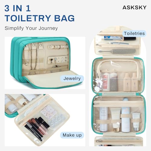 Large Travel Toiletry Bag for Women, Waterproof Hanging Toiletry Bags with Jewelry Organizer, Cosmetic Makeup Bag Organizer, Full-size Container, Travel Essentials Accessories, Shampoo, Green
