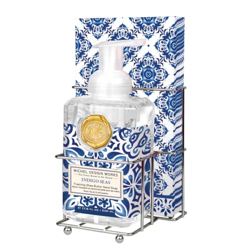Michel Design Works Foaming Hand Soap & 15-Piece Napkin Set. Indigo Seas, Beautiful Square Container with Pump