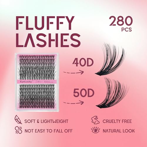 Lash Clusters Kit 280 pcs 9-16mm Volume Hybrid Eyelash Clusters 40D+50D D Curl Individual Lashes DIY Lash Extension Kit Thin Band Cluster Lashes Lash Bond and Seal Tweezers remover