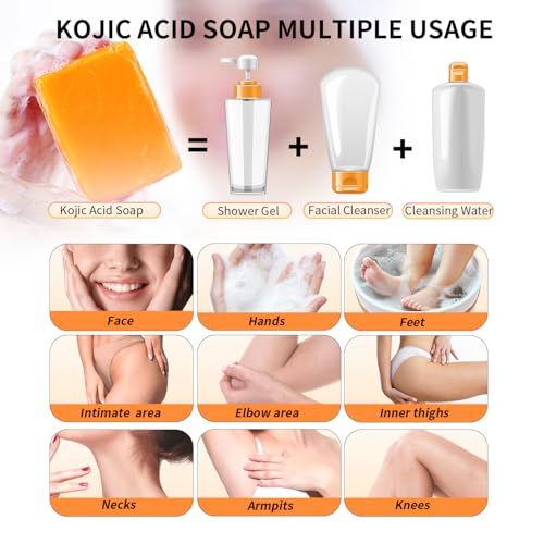 Kojic Acid Soap for Dark Spot Remover Bars with Turmeric, Vitamin C, Retinol, Collagen with Hyaluronic Acid, Vitamin E, Shea Butter, Castile Olive Oil - 3.52 OZ x 2 Bars with Soap Holder & Bag