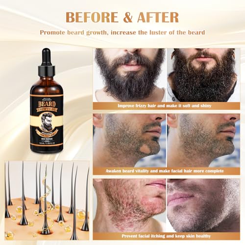 2 PACK Beard Growth Oil for Men, 100% Natural Beard Oil with Argan Oil, Jojoba Oil, Castor Oil - 6.76 FL/200ML Fresh Fragrance Beard Conditioner Softens, Nourishes,Strengthens, Promotes Beard Growth