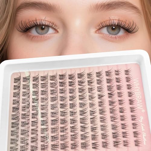 Natural Lash Clusters Wispy Cluster Eyelash Extensions WHYBRAW 130pcs Individual Lashes 8-16mm D-Curly DIY Lash Extension Natural Look Soft Thin Clear Band Cluster Lashes