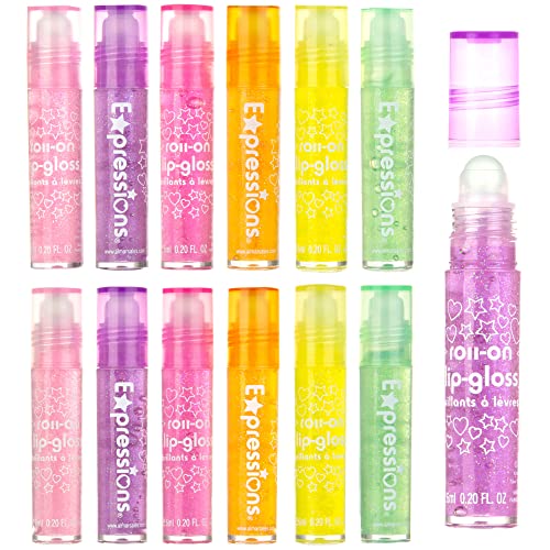 EXPRESSIONS 12pc Roll On Gloss Set Maribou Handle Carrying Case - Makeup Kids Teens Assorted Fruity Flavors Non Toxic Friendly Supplies