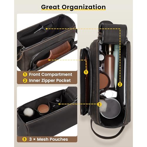 Vorspack Genuine Leather Toiletry Bag for Men - Water Resistant Travel Bag for Toiletries, Essentials, Accessories - Dark Brown