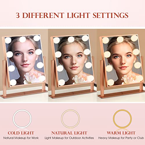 Makeup Mirror with Lights, Hollywood Mirror Lighted Vanity Mirror with 9 LED Bulbs, Touch Control Design 3 Colors Dimmable Bulbs Detachable 10X Magnification 360¡ÆRotation(Rose Pink)