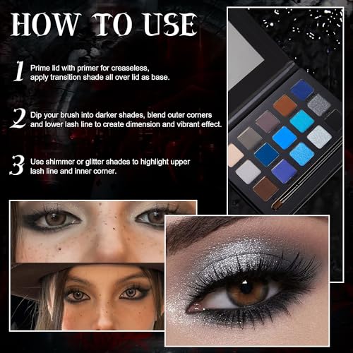 VANERIA Black Smoky Eyeshadow Palette,15 Colors Goth Makeup,Silver Grey Eyeshadow,High Pigment,Long Wear,Cool Toned Eyeshadow Palette,Waterproof,Intense Color(Gothic Black)