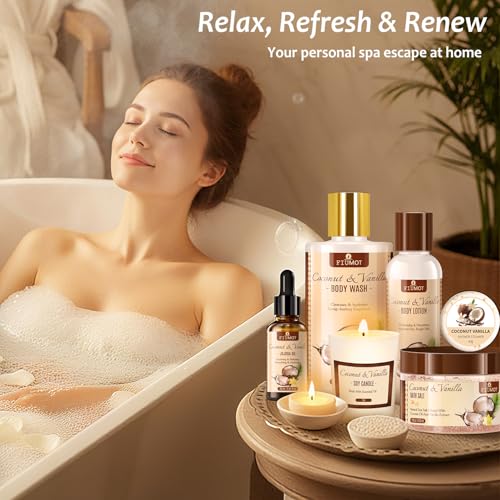 Bath and Body Gift Basket Set for Women - Coconut Vanilla Spa Gift Basket - Premium 21?Piece Luxury Bath & Body Gift Set for Self Care - Gift ready for Valentines Birthday Gifts