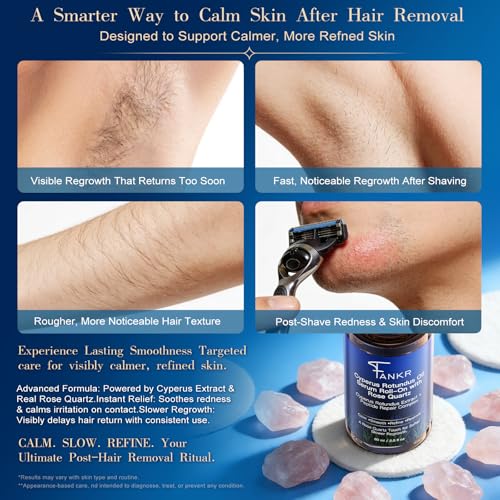 Cyperus Rotundus Oil Serum Roll-On with Rose Quartz, Targeted Post-Hair Removal Care, Helps Reduce the Appearance of Regrowth Over Time, Non-Greasy, 60 ml